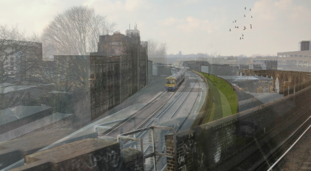 View of Coal Line Park from train window (credit: The Peckham Coal Line).